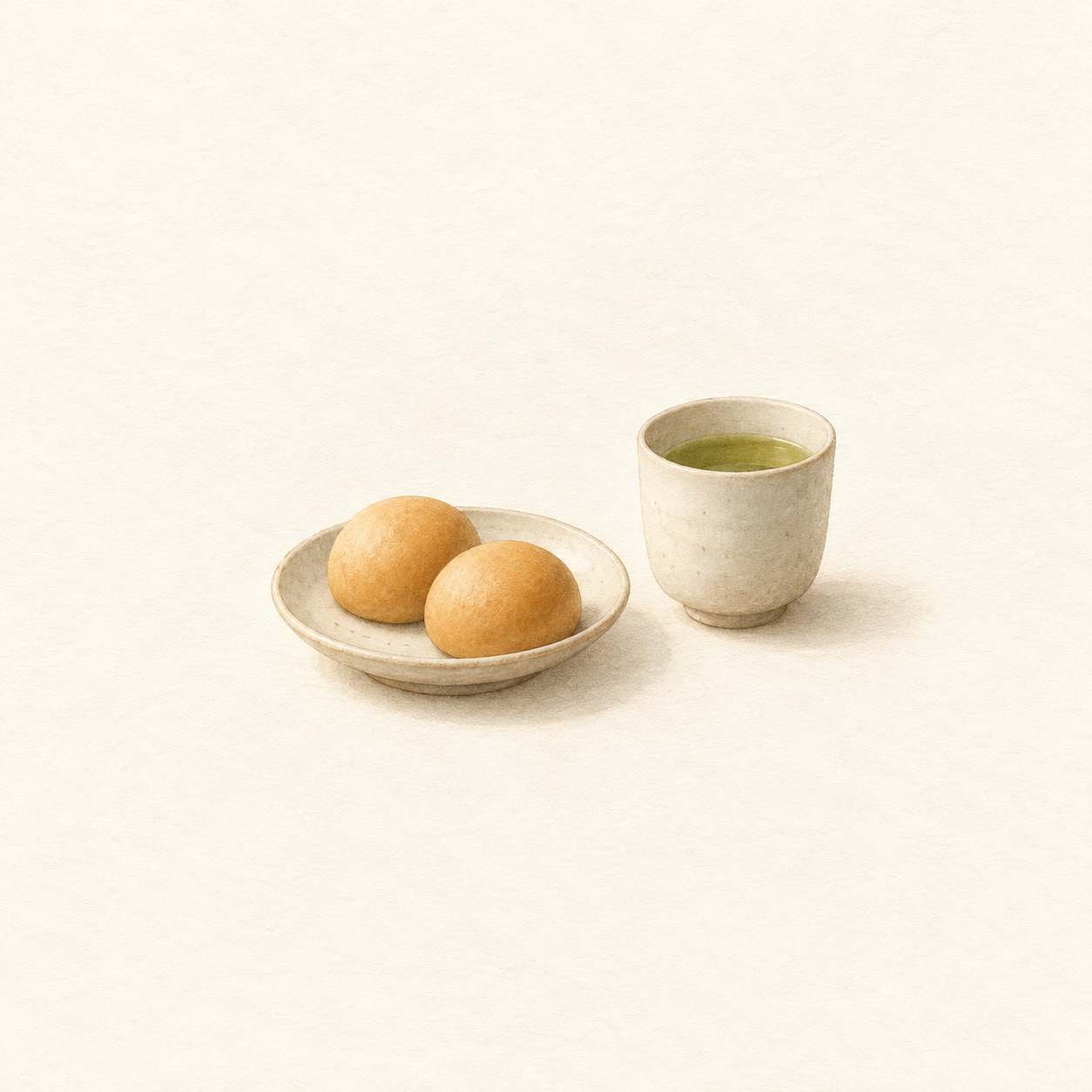 まんじゅうの小皿と無地の湯のみを描いた水彩風の生成イラスト