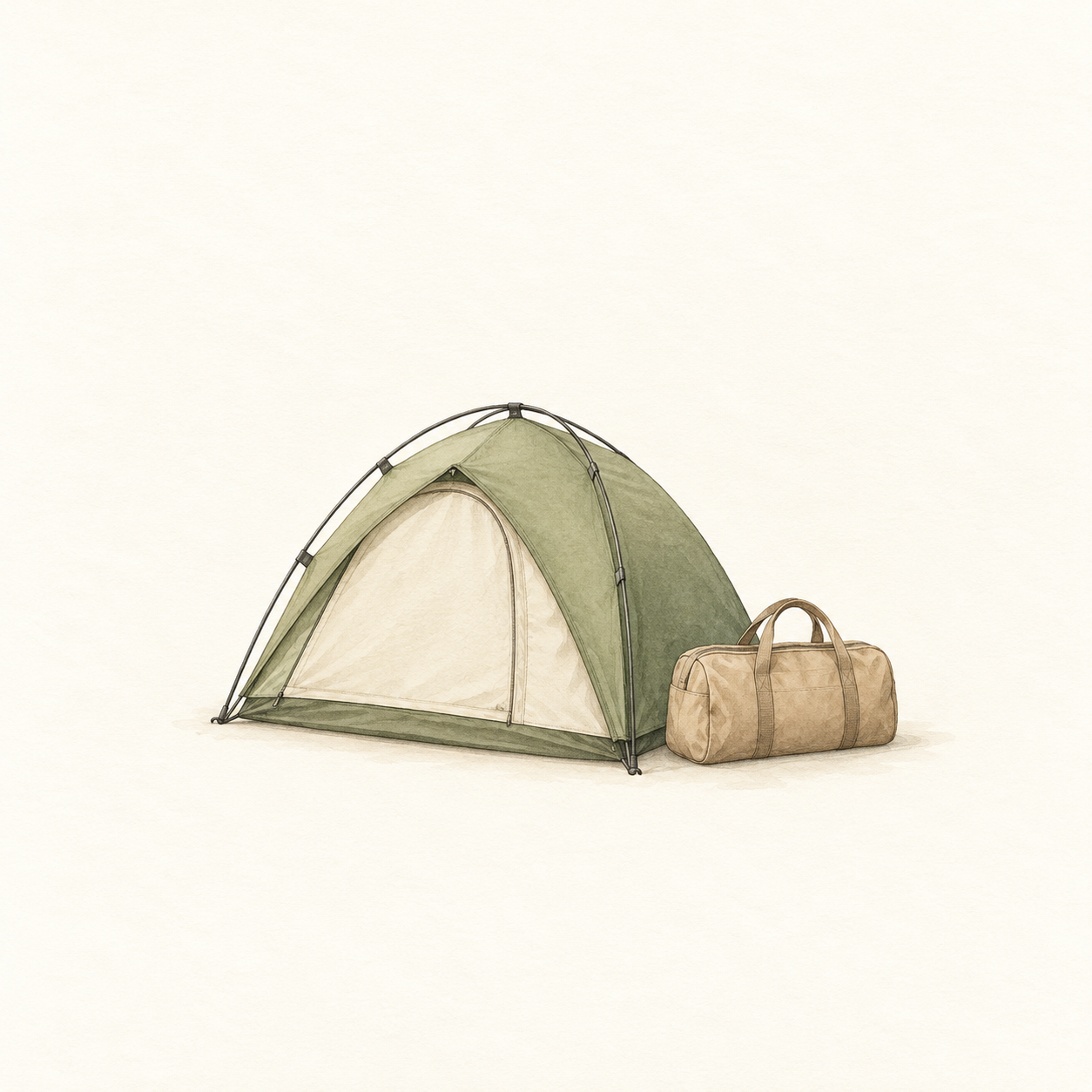 小型のテントと旅行かばんを描いた水彩風の生成イラスト