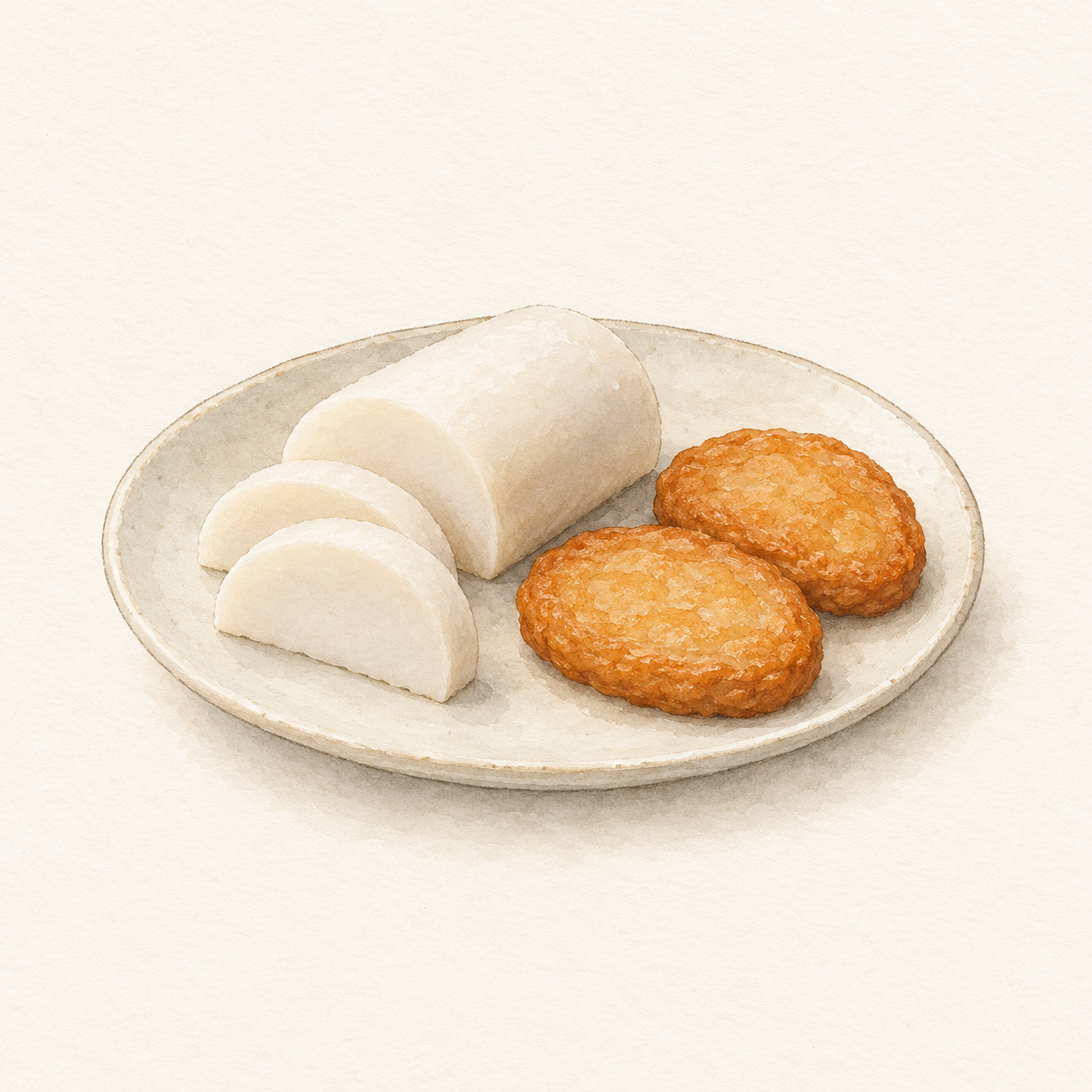 白いかまぼこと揚げた練り製品を皿に載せた水彩風の生成イラスト