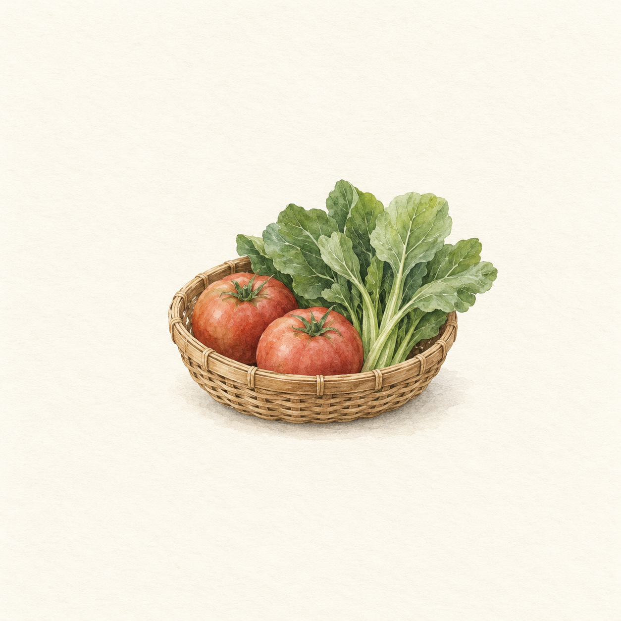 トマトと葉物野菜を入れたかごを描いた水彩風の生成イラスト