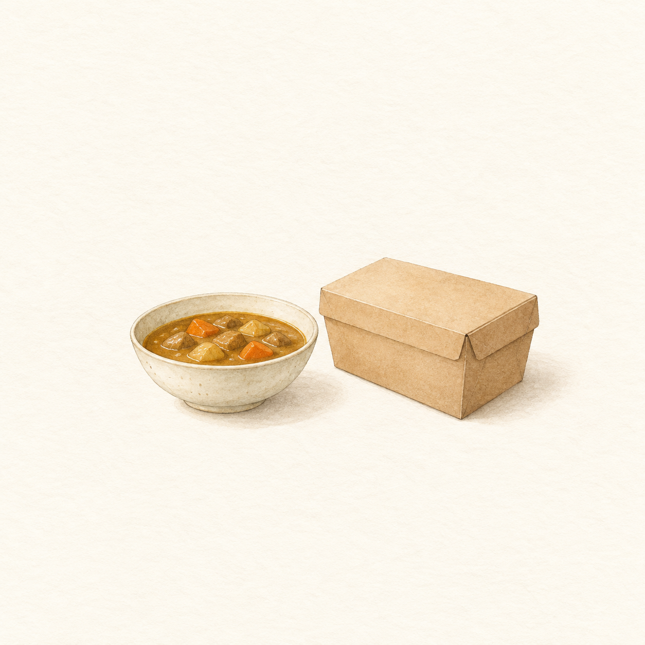 カレーの小鉢と無地のふた付き持ち帰り容器を描いた水彩風の生成イラスト