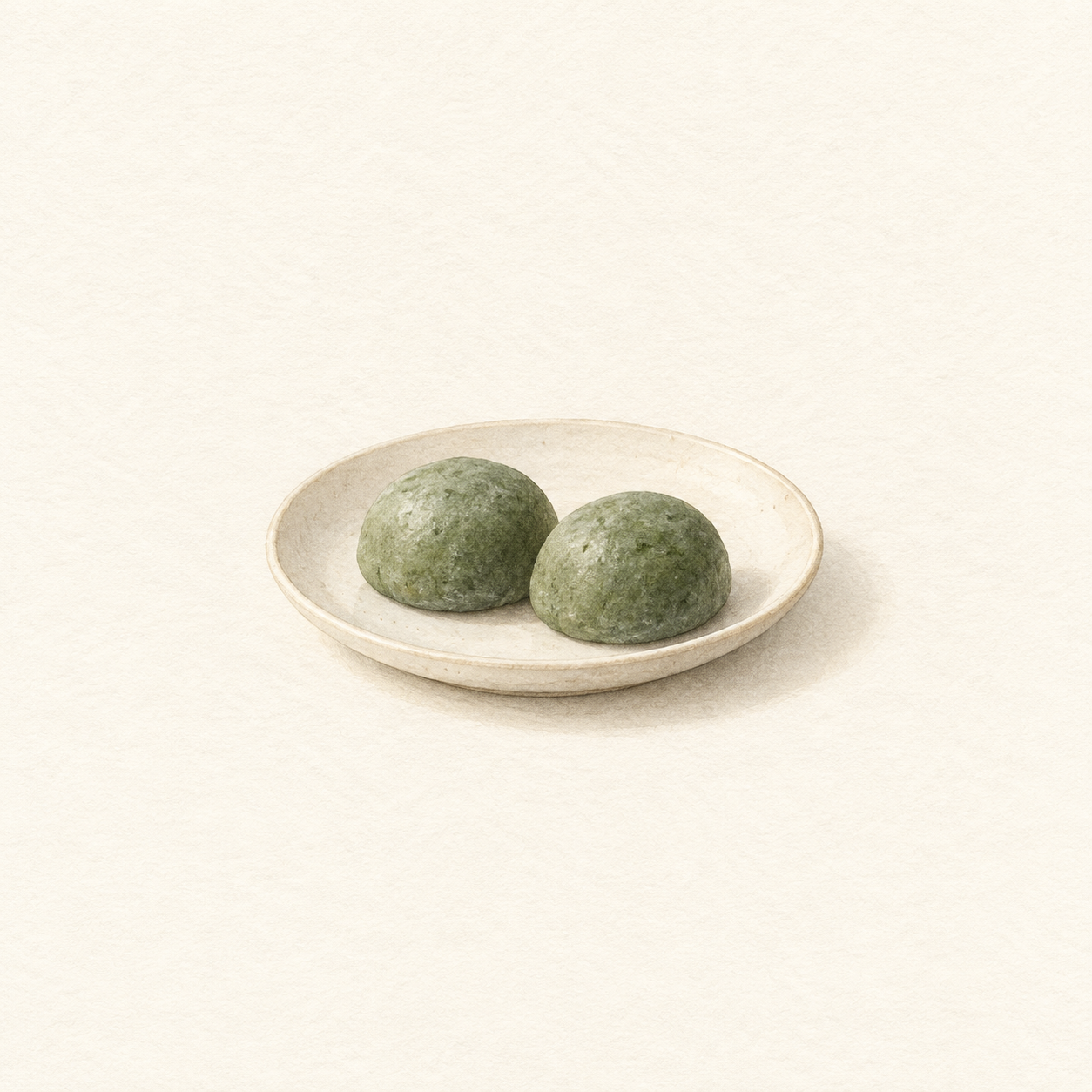 草餅をイメージした菓子2点と皿を描いた水彩風の生成イラスト