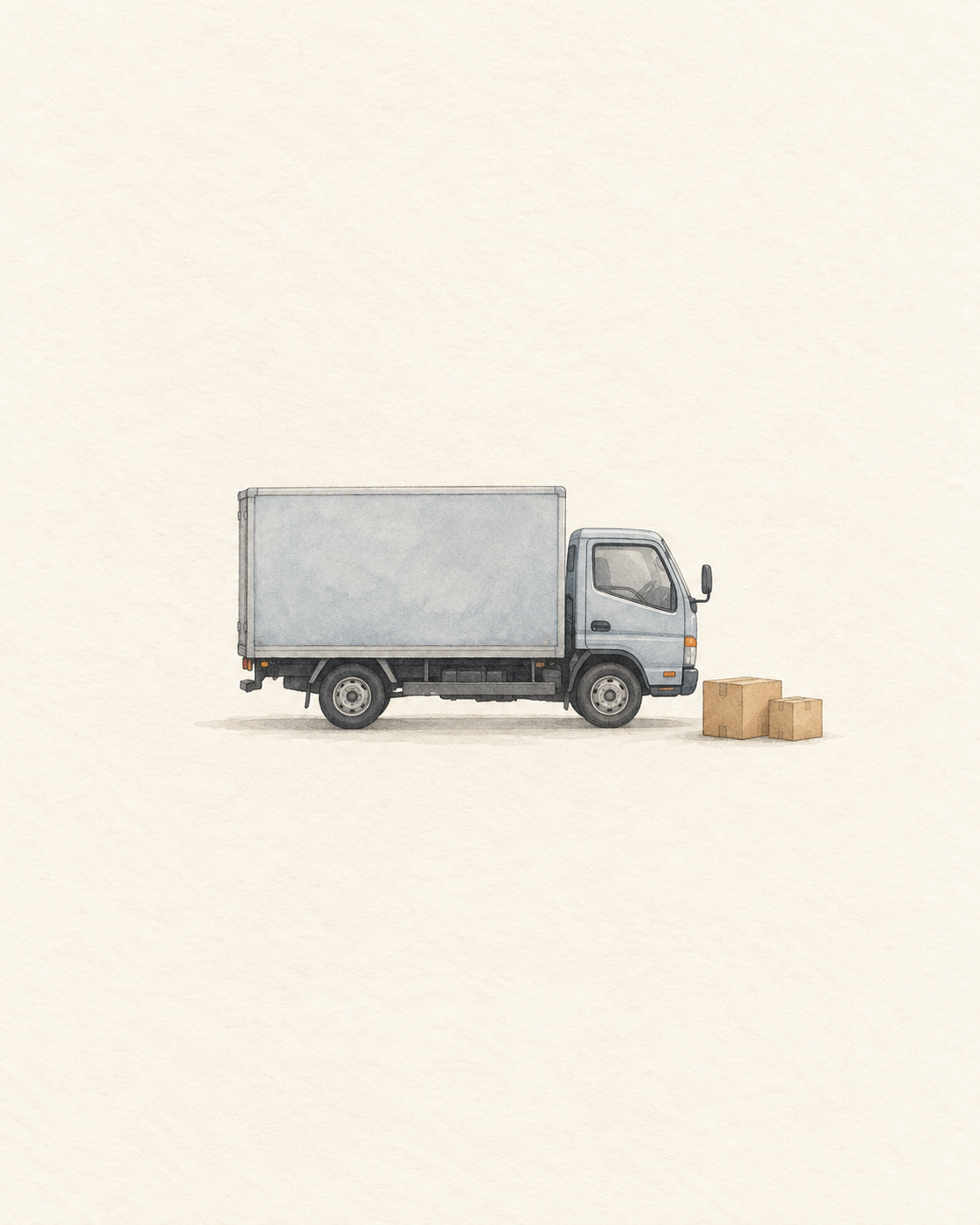 無地の配送車と閉じた荷物の箱を並べた水彩風の生成イラスト