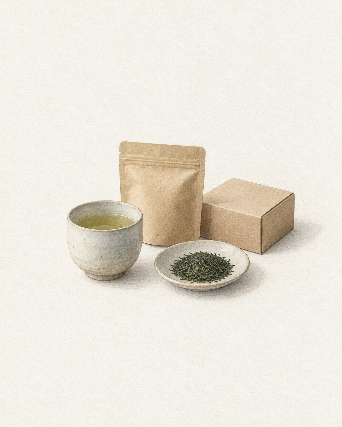 茶葉とお茶の湯のみ、無地の茶袋と箱を並べた水彩風の生成イラスト
