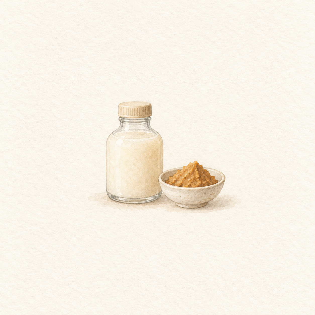 白い飲料のびんと味噌の小鉢を描いた水彩風の生成イラスト