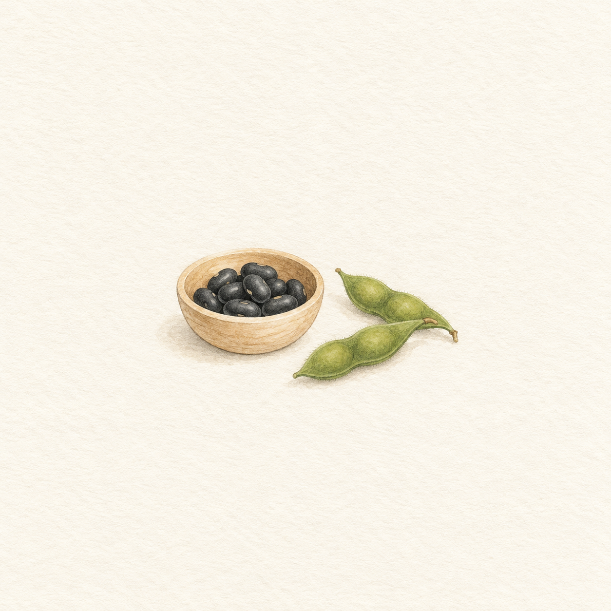枝豆の莢と黒豆を描いた水彩風の生成イラスト