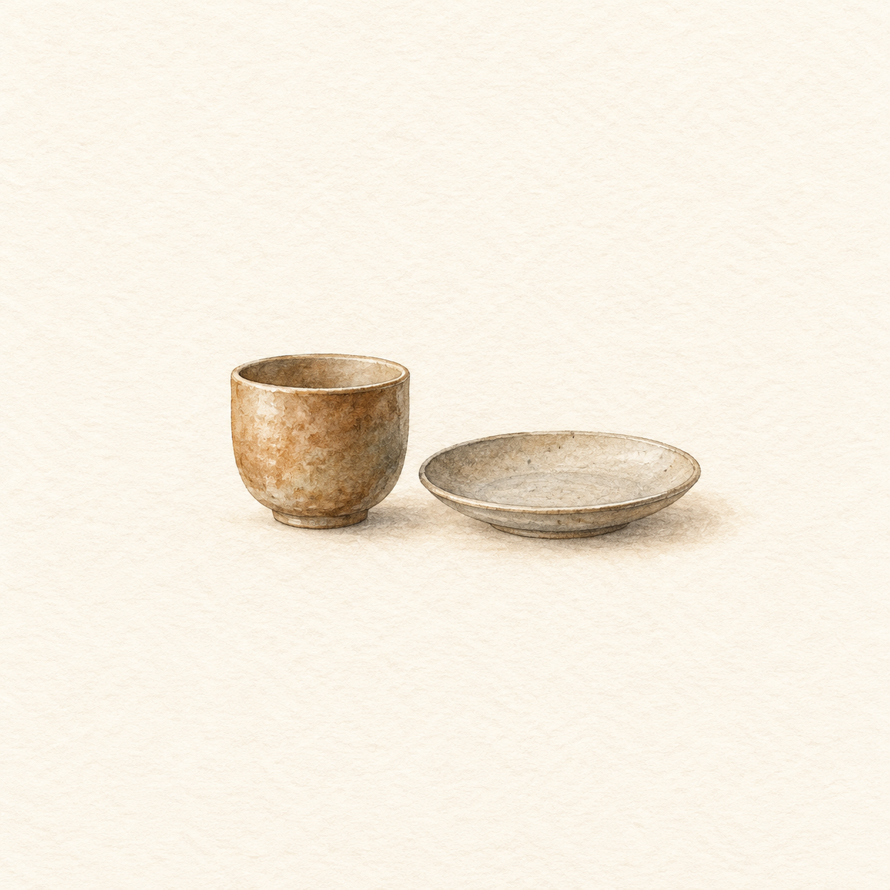 陶器のカップと小皿を描いた水彩風の生成イラスト