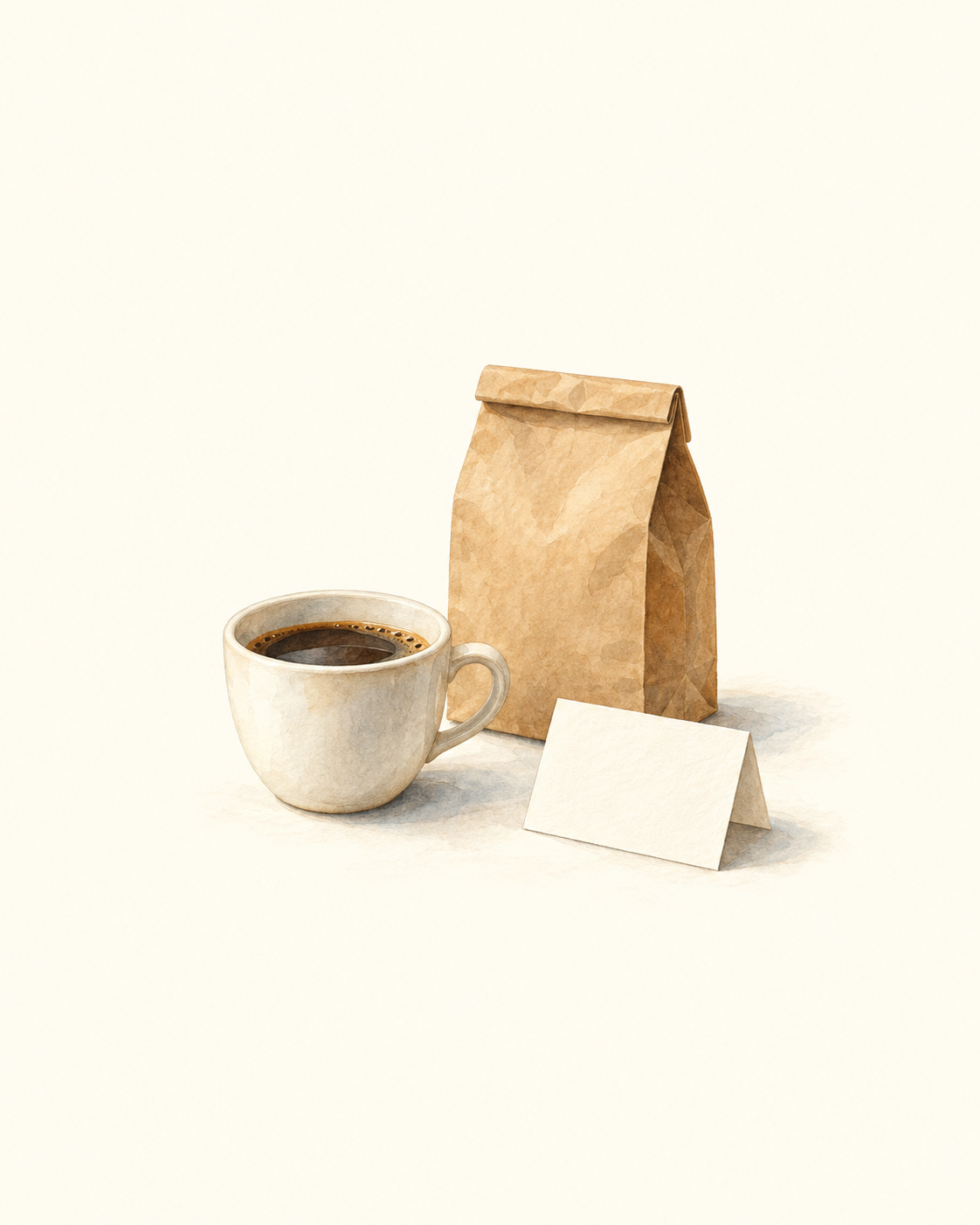 コーヒーカップと無地の紙袋、卓上カードを並べた水彩風の生成イラスト