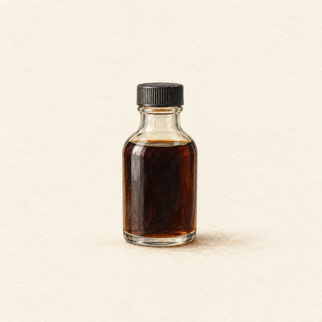 濃い茶色の醤油を入れた小瓶を描いた水彩風の生成イラスト