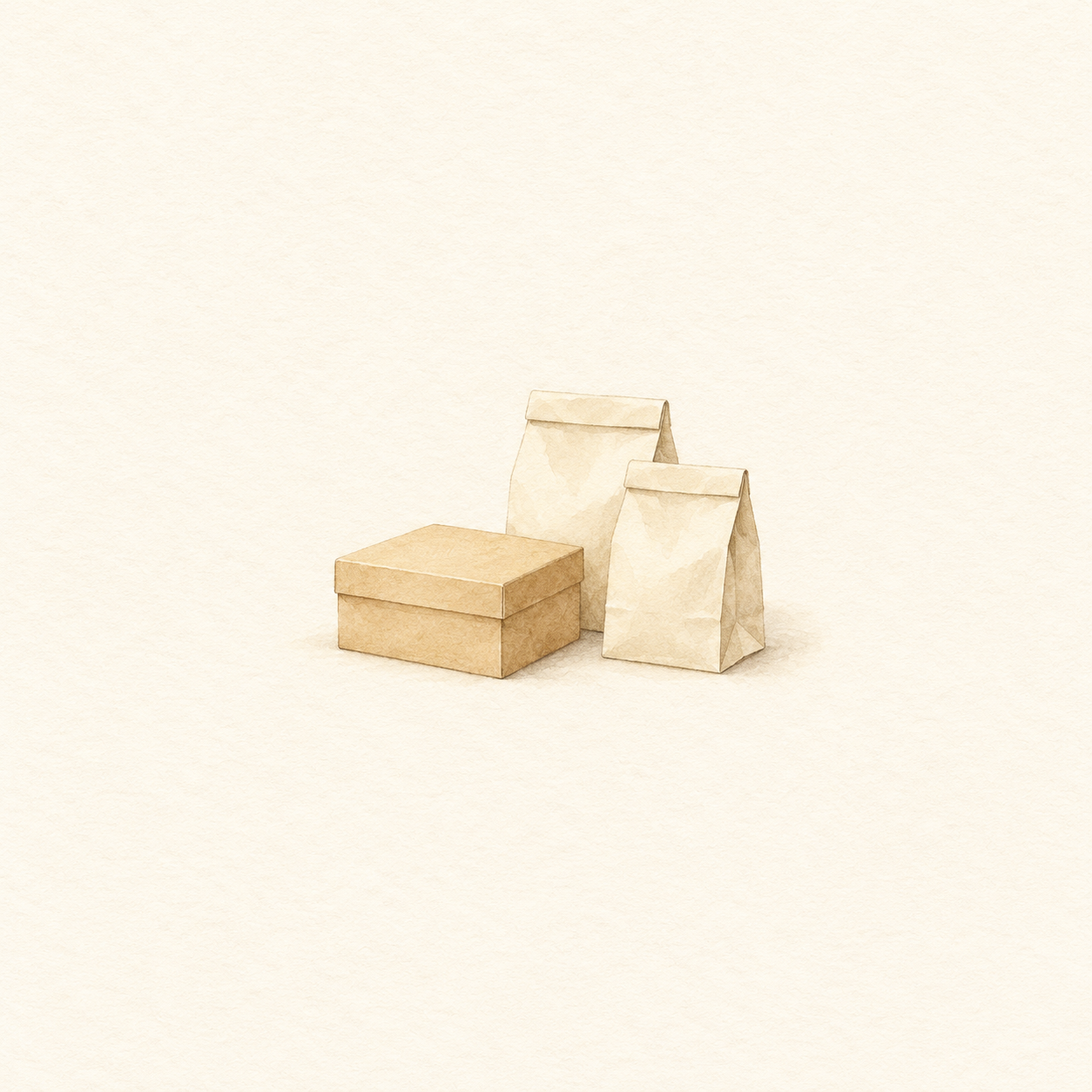 無地の紙箱と食品用の包装袋を描いた水彩風の生成イラスト