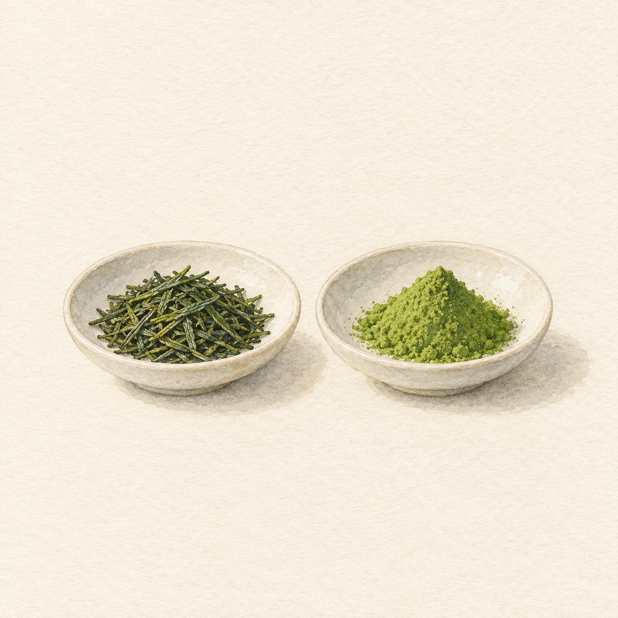茶葉と抹茶をそれぞれの小皿に盛った水彩風の生成イラスト