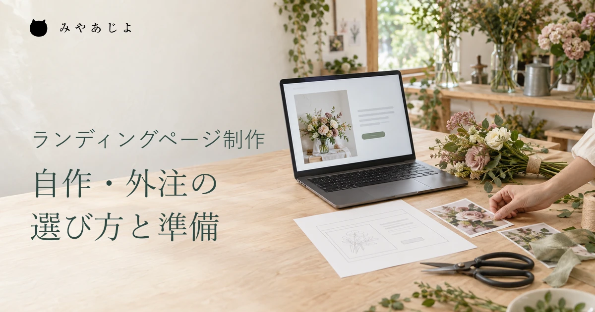花の教室のLP制作に向け、ページの構成と写真素材をパソコンと紙で準備する架空の編集イメージ