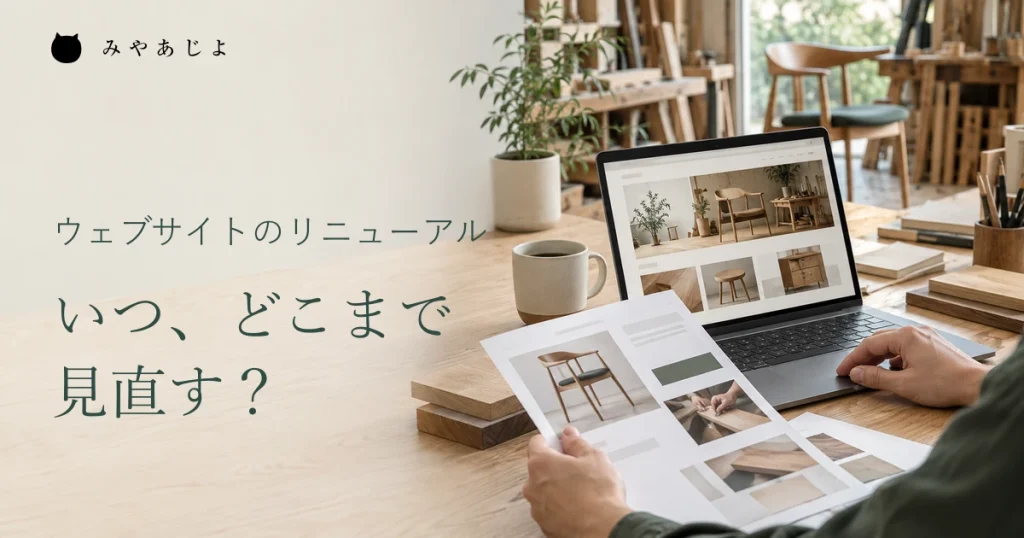 家具工房の仕事場で現行サイトと事業資料を照合し、リニューアルの範囲を考える架空の編集イメージ