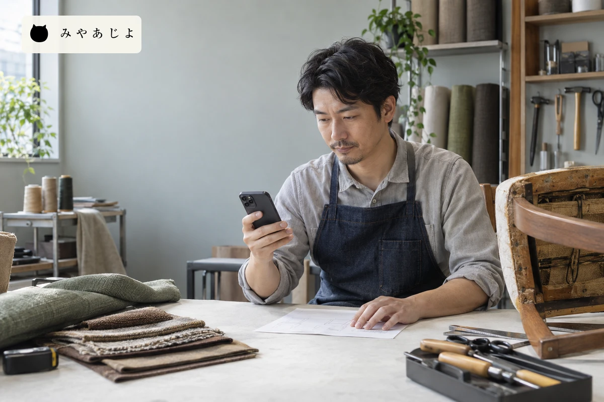 椅子の張り替え工房の担当者がスマートフォンと相談手順の資料を並べ、写真の送り方を説明するページを確認する写真
