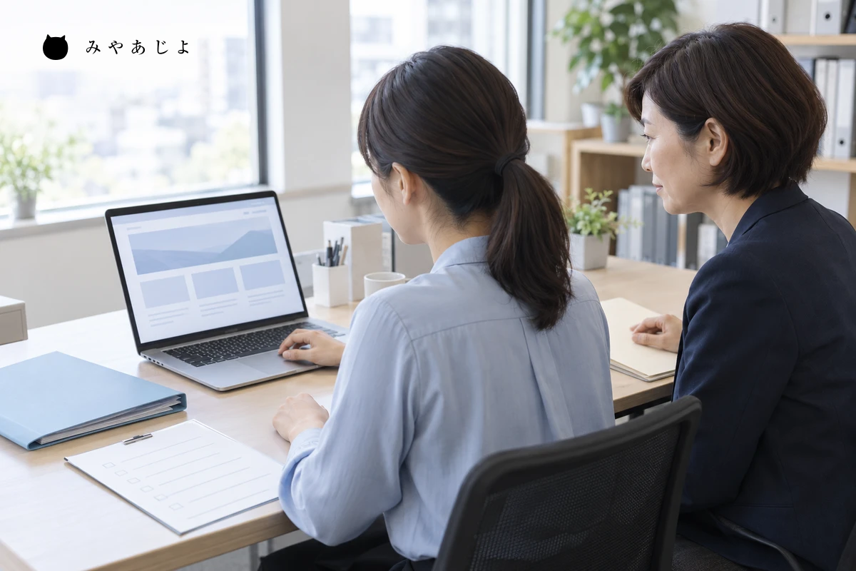社内担当者と新しい依頼先がPCと引き継ぎ資料を使って確認項目を照合する架空の編集イメージ