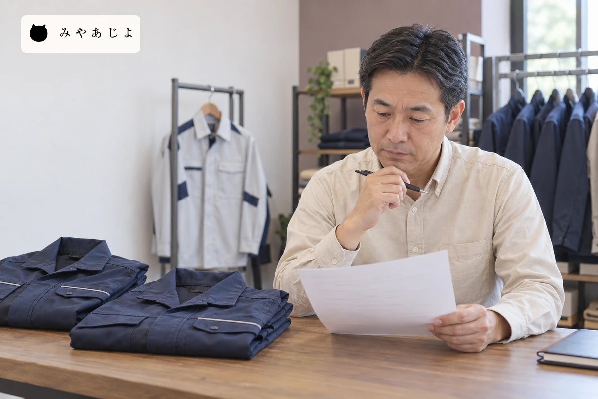 作業服レンタルの営業担当者が制服の見本と資料を照合し、原稿や相談判定に使う提供条件を確認する写真