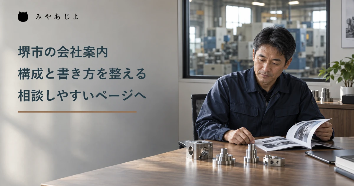 金属加工会社の担当者と部品サンプルの写真に、堺市の会社案内ページの構成と書き方を伝える日本語見出しを重ねたメイン画像