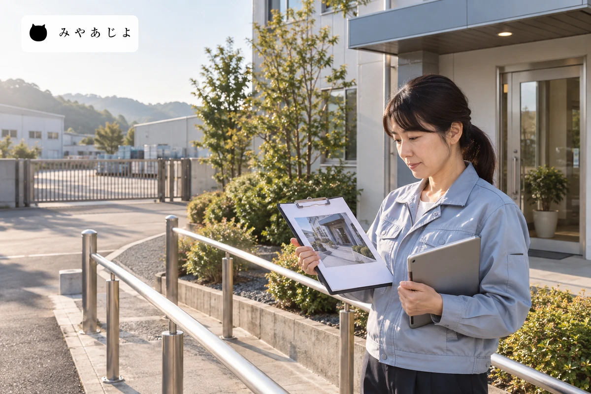 会社の担当者が安全な来訪用通路で入口の写真とタブレットを照合し、来訪案内を確認しているイメージ写真