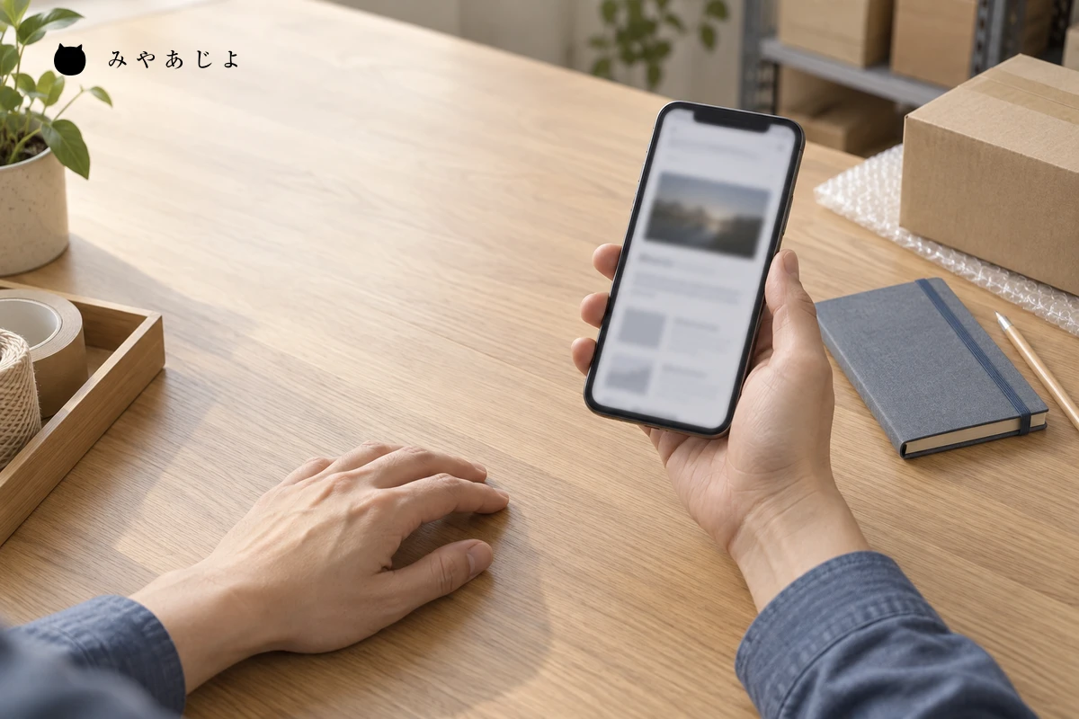 スマートフォンで掲載画面を確認する机上の架空の編集イメージ