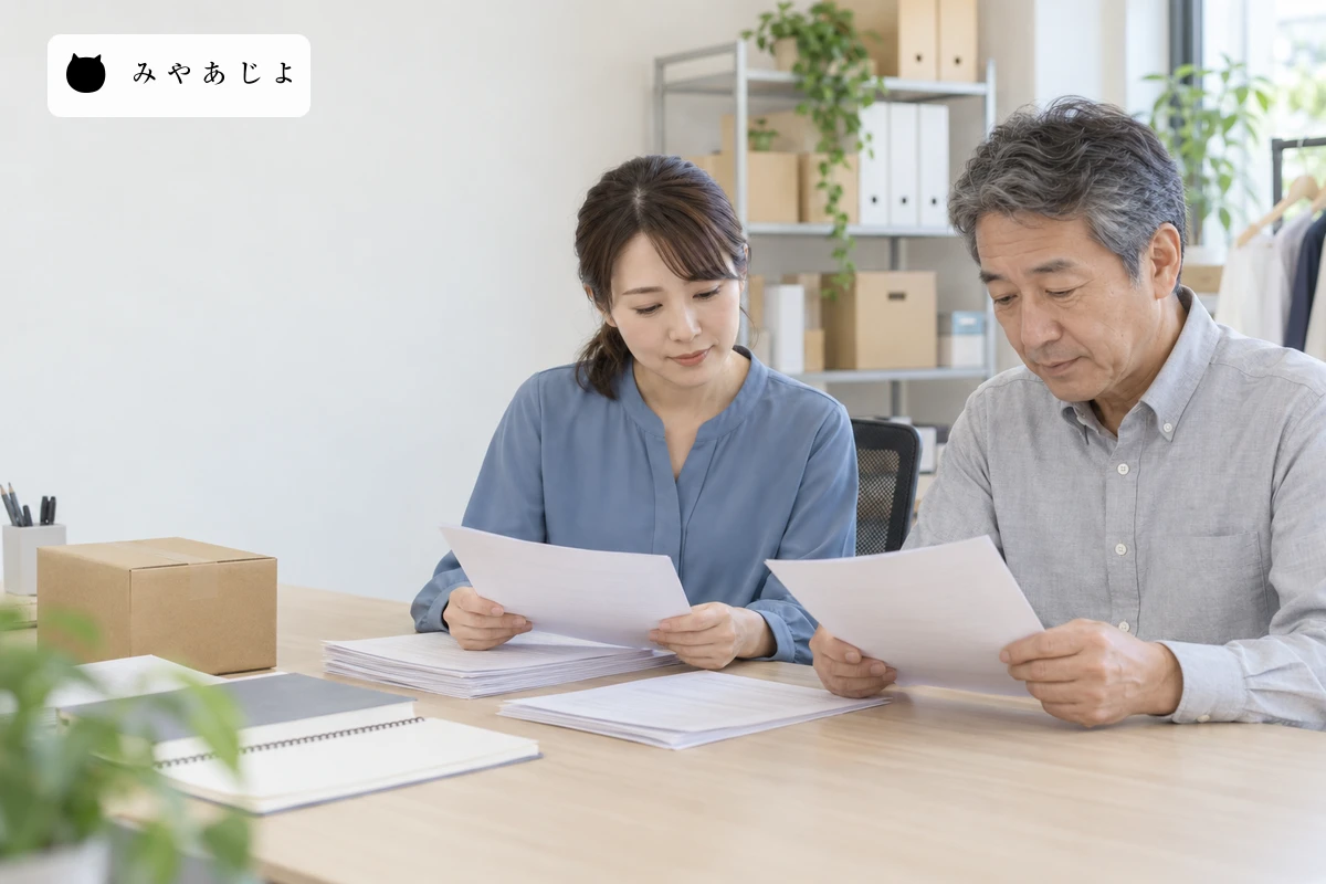 ネットショップの担当者と経理担当が机上の受注資料と返金手順を確認しているイメージ写真