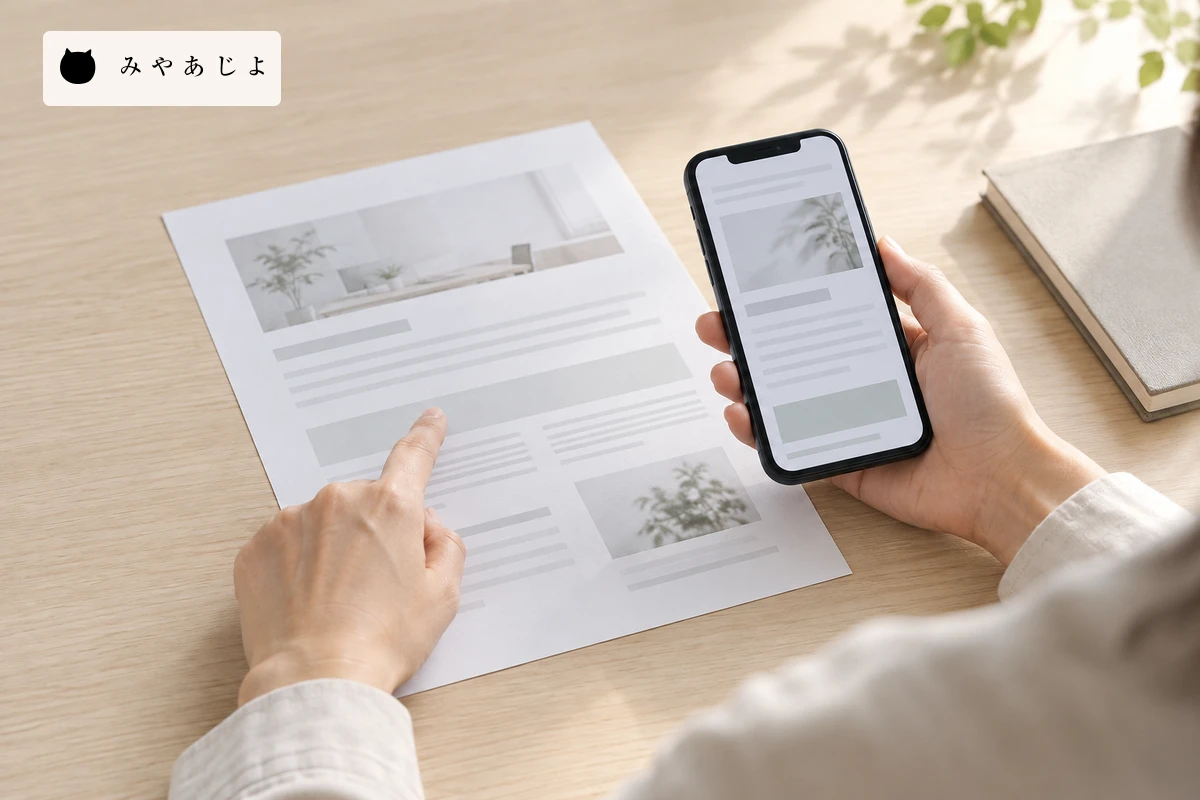 スマートフォンと原稿を使って修理受付ページの読みやすさを確認する架空のイメージ