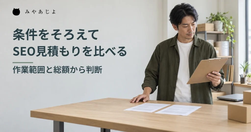 担当者がSEO支援の二つの見積書を読み合わせる架空のイメージ