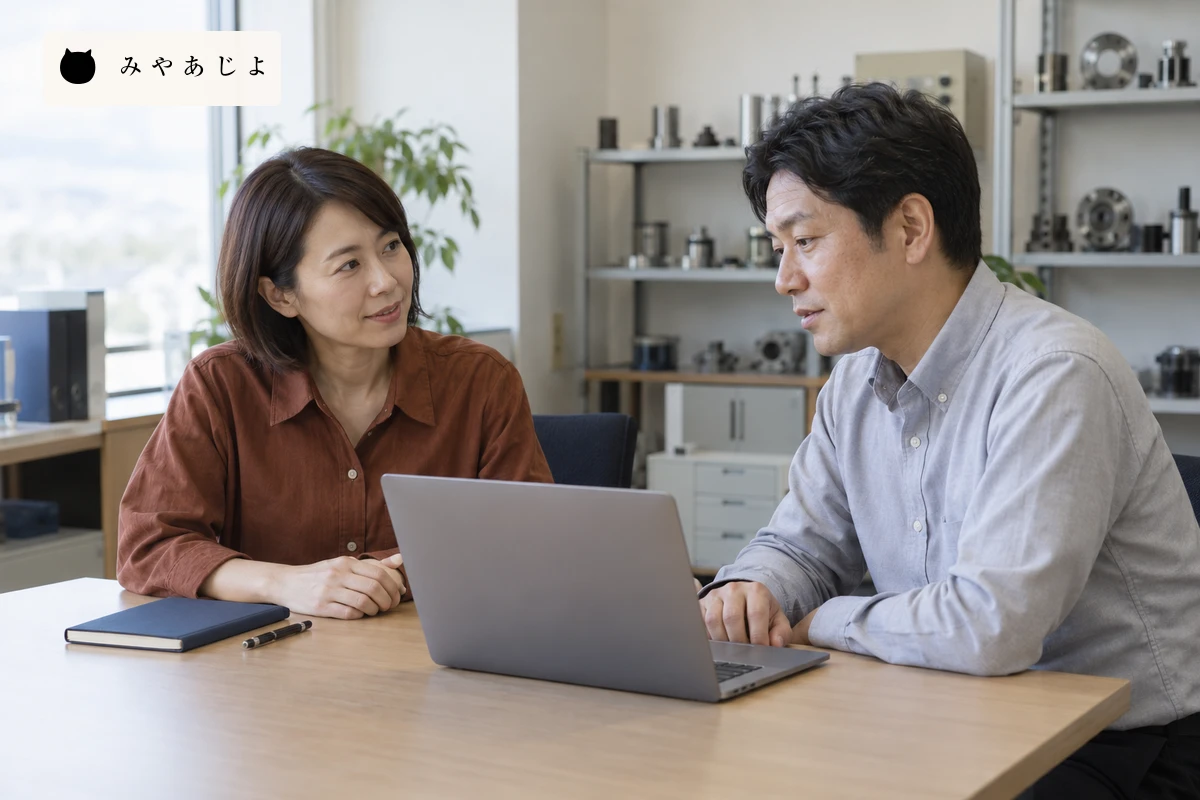 SEOの依頼範囲と社内で担当する作業を確認する架空の打ち合わせイメージ