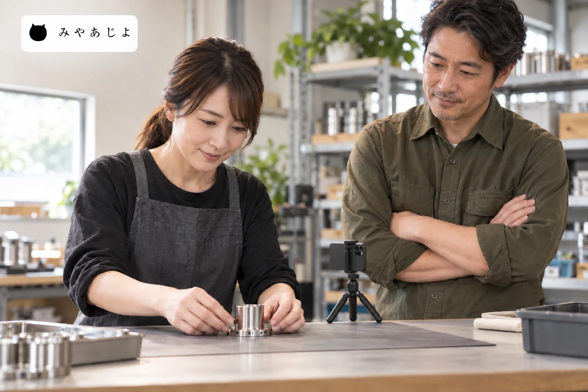 現場の担当者が撮影用の製品を整え、スマートフォンの三脚とともに投稿素材の準備を確認するイメージ写真