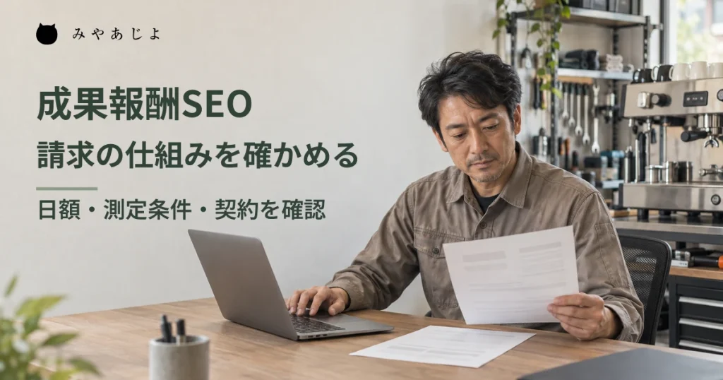 コーヒー機器の保守会社の担当者がSEOの契約資料を確認する架空のイメージ
