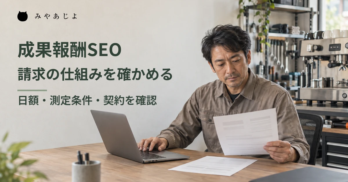 コーヒー機器の保守会社の担当者がSEOの契約資料を確認する架空のイメージ