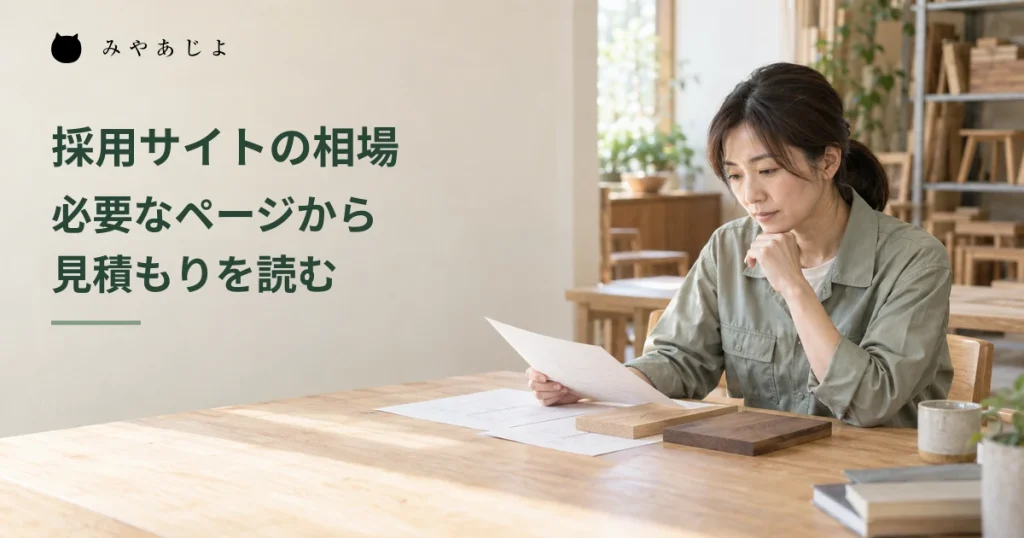 家具製造会社の担当者が木材のサンプルと採用ページの資料を確認する架空のイメージ
