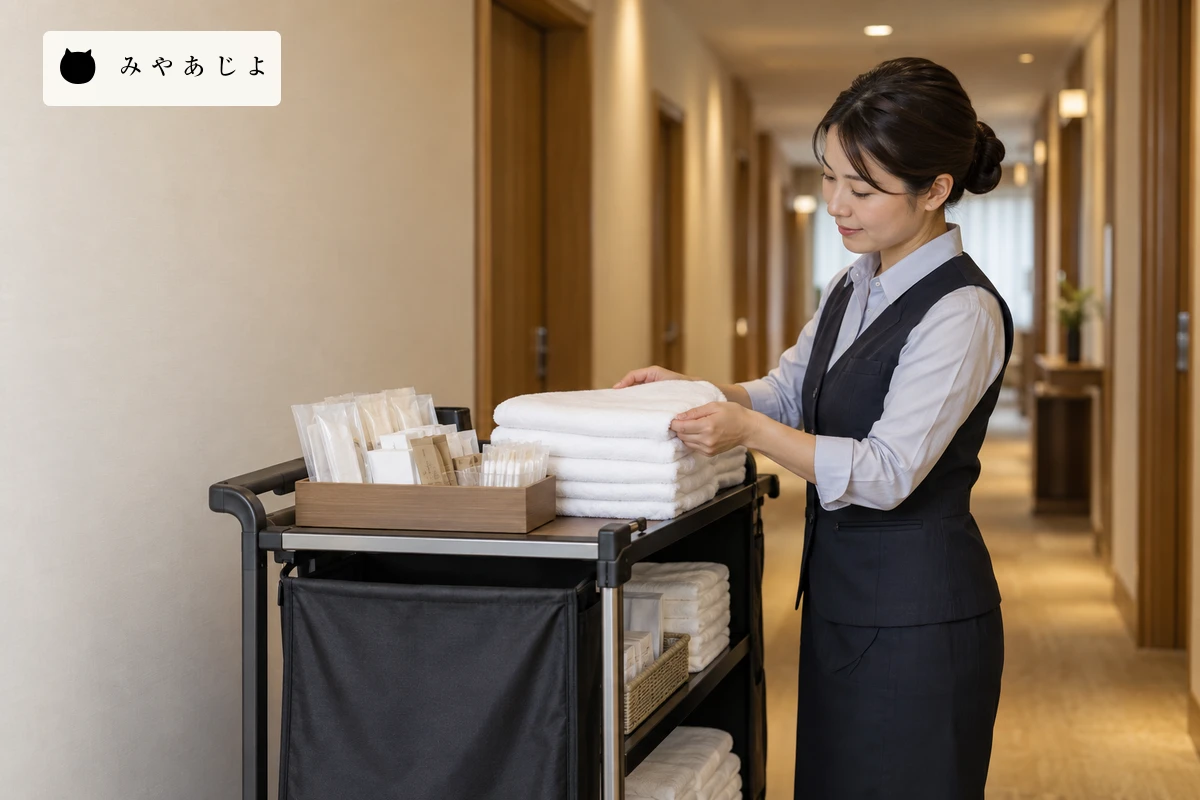 宿泊施設の担当者が廊下で清掃用具と備品を確認する架空のイメージ