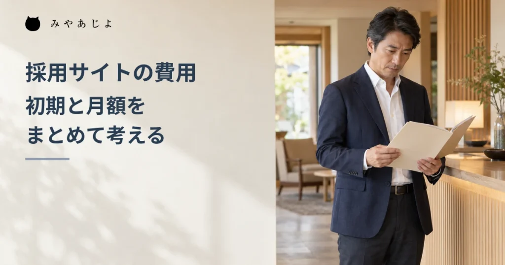 宿泊施設の採用担当者がロビーで採用ページの資料を確認する架空のイメージ