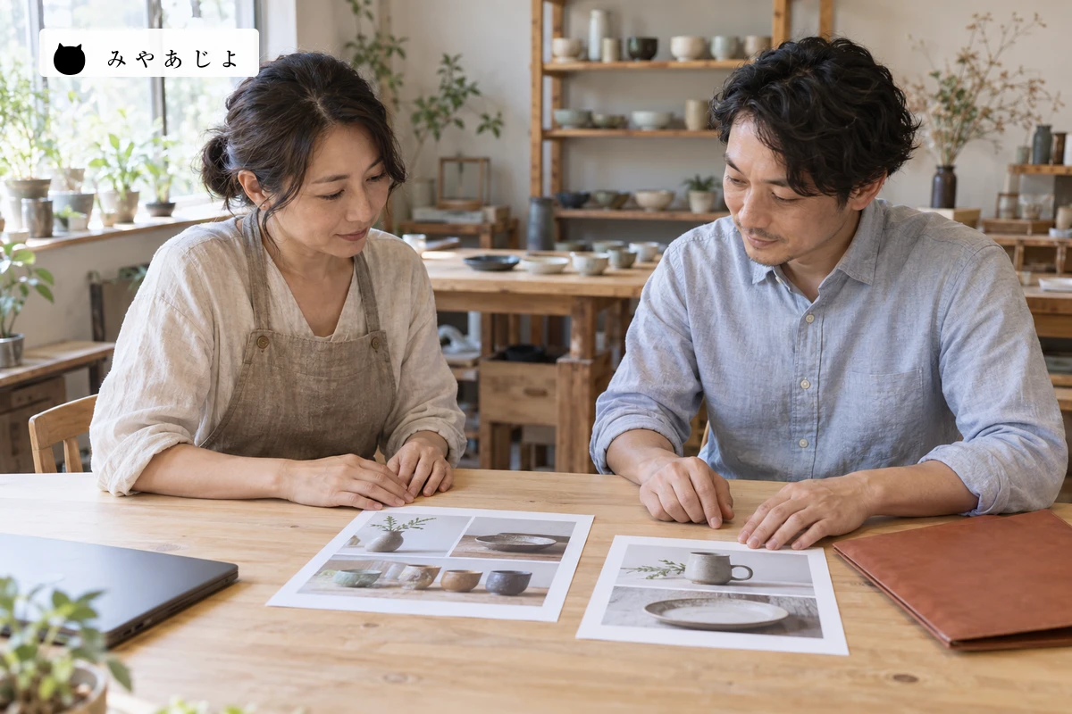 小規模店舗の担当者と制作担当者が、商品写真のサンプルを見ながら依頼条件を相談するイメージ写真