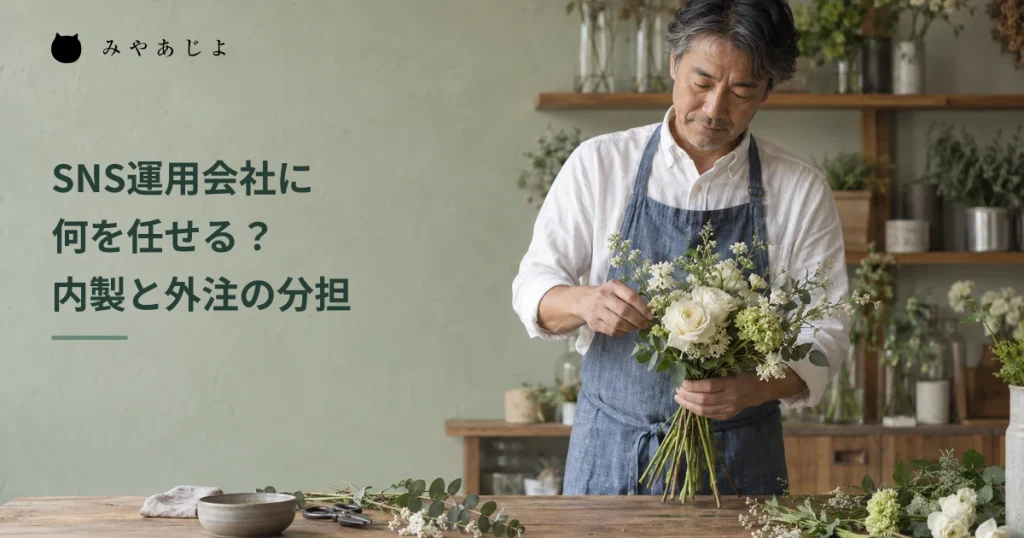 花店で花束を整える担当者の写真に、SNS運用会社への依頼と内製・外注の分担を示す日本語見出しを重ねたメイン画像