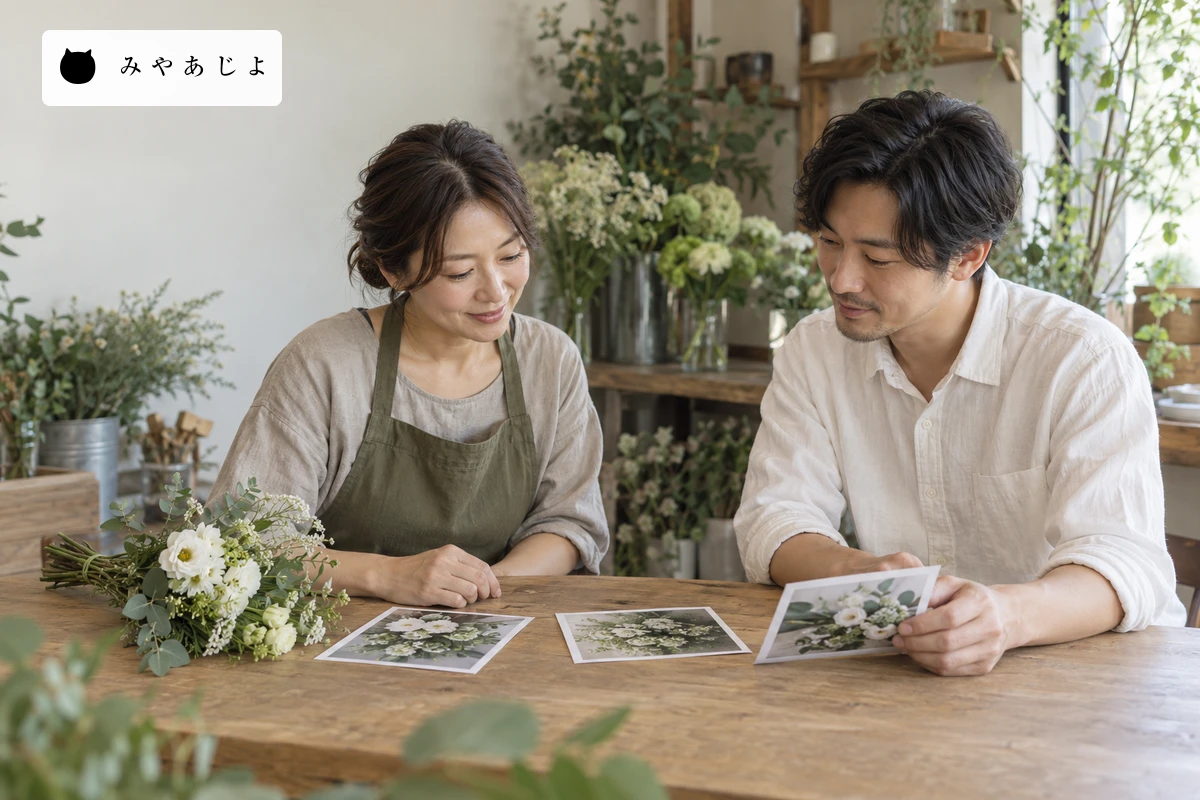 花店の担当者と制作担当者が、花束と写真のサンプルを見ながらSNS用素材の分担を相談するイメージ写真