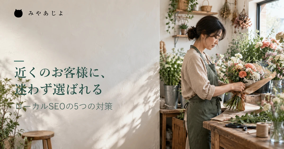 ローカルSEOで近くのお客様に選ばれる店舗づくり。架空の花店で花束を整える店主の編集イメージ