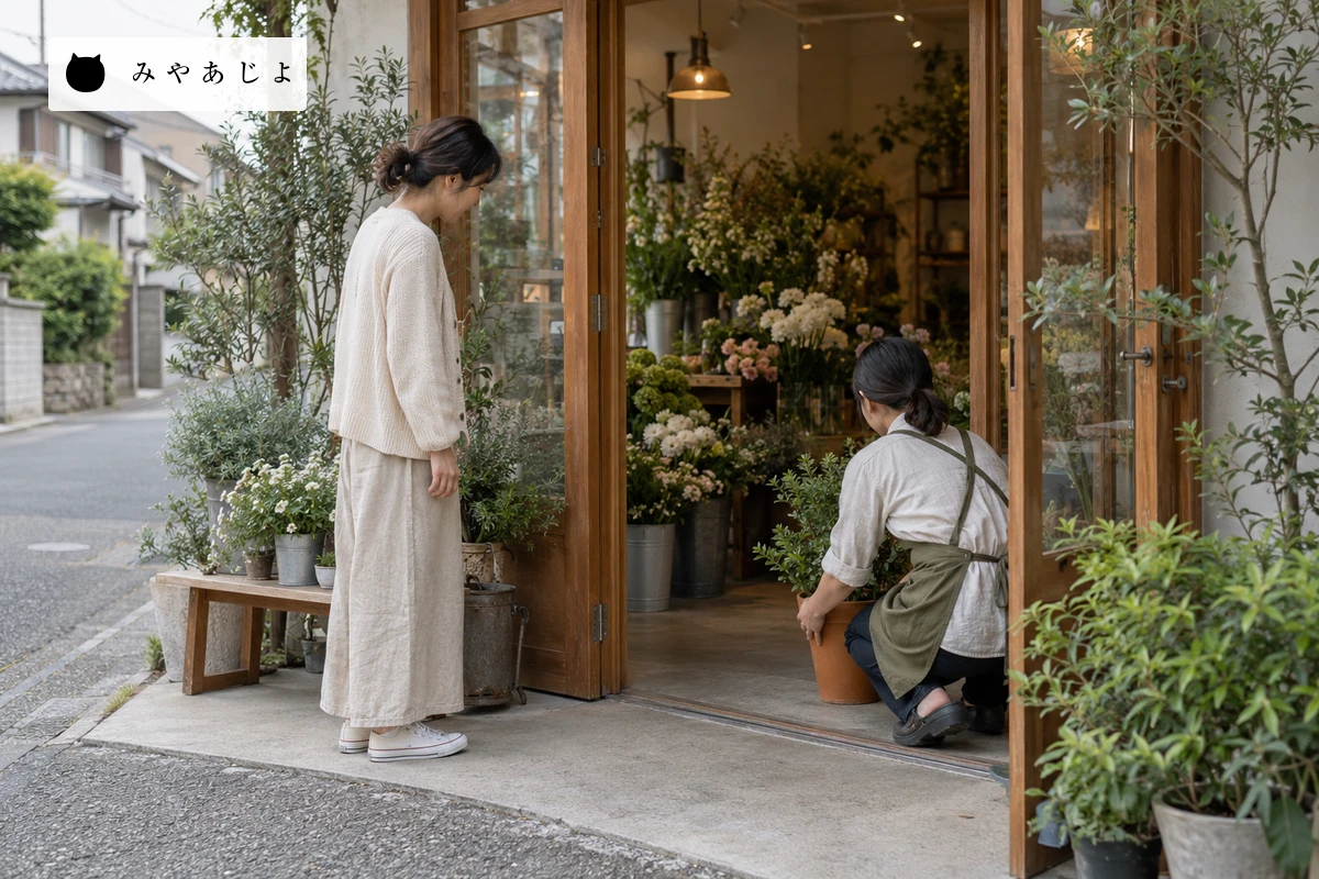 架空の小さな花店で、開店前に入口と来店動線を確認するスタッフの編集イメージ