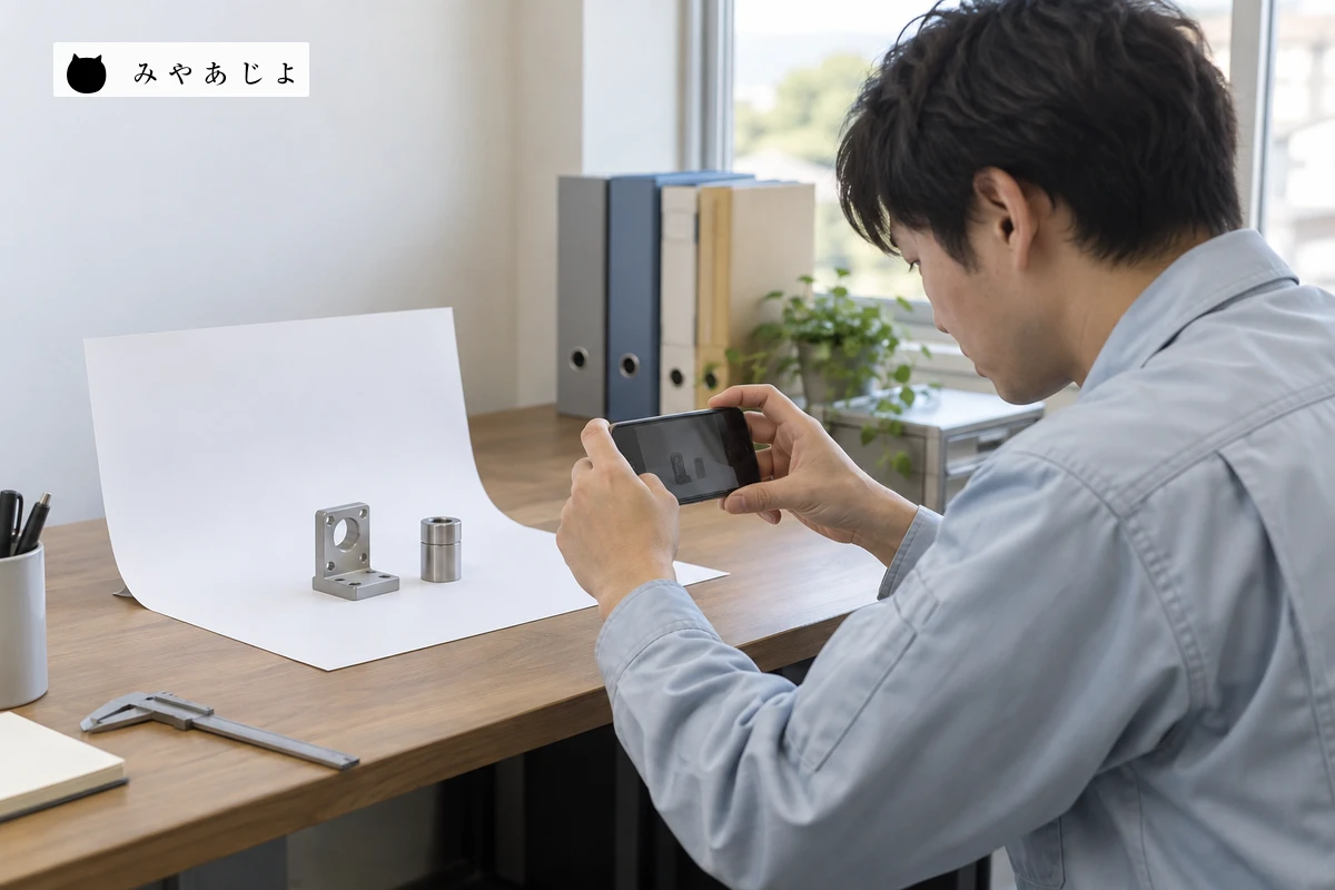 架空のメーカーで、掲載予定の小さな製品を撮影し、Webサイト用の写真素材を準備する担当者の編集イメージ
