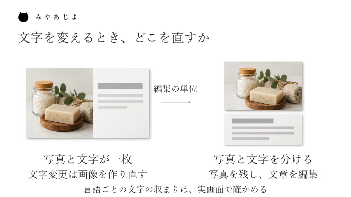 写真と案内文が一枚の画像になっている場合と、写真と編集できる文字を分けた場合の比較図。文字を直すときに扱う範囲の違いを示す。