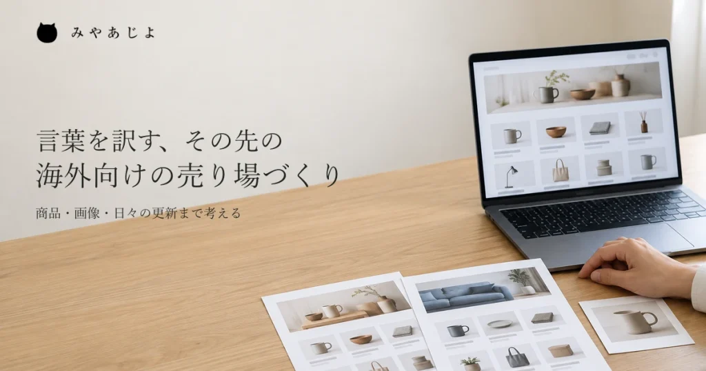 商品の写真と二つの売り場の案を机の上で見比べ、海外向けのネットショップを考えるイメージ