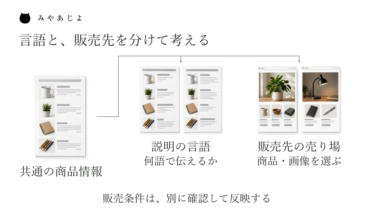 共通の商品情報から、説明の言語と販売先ごとの商品・画像を別々に考え、海外向けの売り場へ合わせる関係図。言語を選ぶだけで販売条件が決まることは示していない。