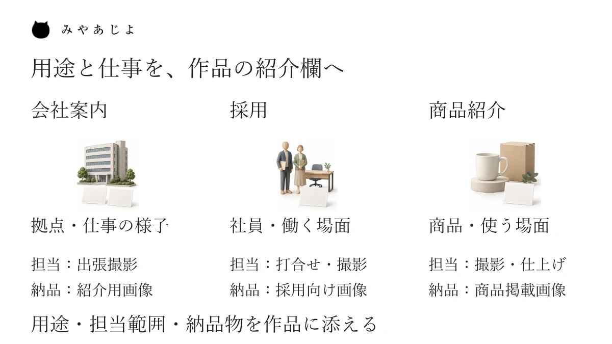 会社案内、採用、商品紹介という用途に、撮影する対象、担当範囲、納品物を添える作品紹介欄の構成例