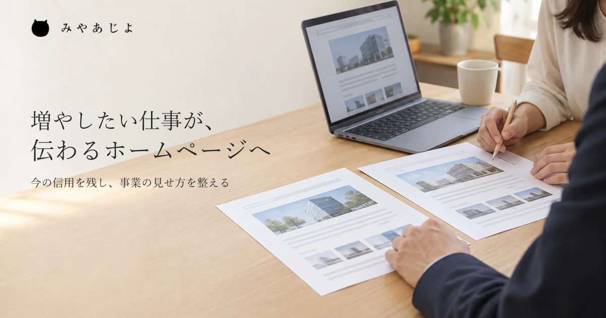 現在の事業案内とホームページを見ながら、次に伝える仕事を相談する机上のイメージ