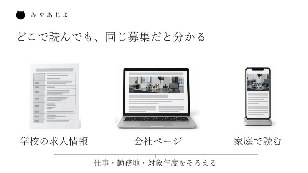 学校へ渡す求人情報、会社ページ、家庭で読む画面に同じ募集の目印を付けてつなぐ構成。応募の手順を示す図ではありません。