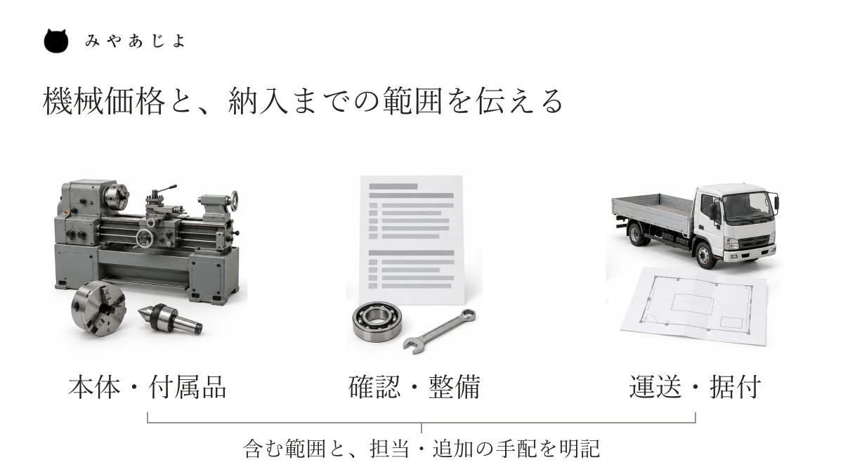機械本体と付属品、確認や整備、運送と据付を三つの範囲に分け、何を含み、誰が手配するかを説明する見積範囲の図。