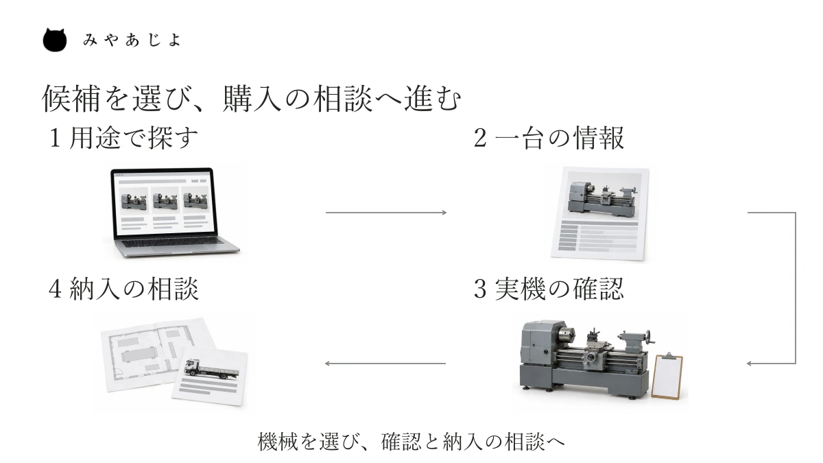 用途から候補を探す、仕様と状態を読む、実機確認を相談する、整備と納入条件を詰める、の四段階を二段で示した販売ページの案内図。