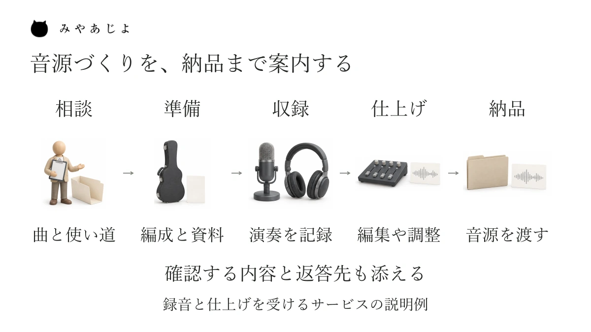 録音と仕上げを受けるサービスで、相談、準備、収録、仕上げ、納品をつなぎ、各段階で伝える内容を示す説明図