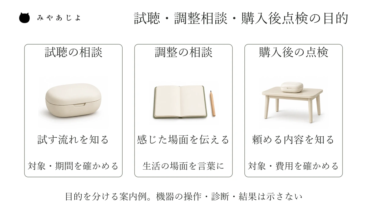 試聴の相談、調整の相談、購入後の点検を、それぞれの目的と対応させた三つの枠