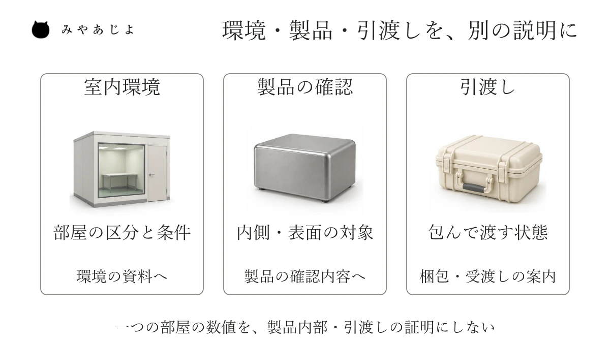 室内環境、製品の内側や表面に行う確認、梱包と引渡しの状態を三つの説明へ分けた図